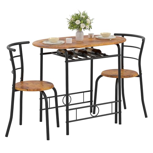 VECELO 3-Piece Dining Table Set for Kitchen Breakfast Nook, Wood Grain Oval Tabletop and Metal Frame with Built-in Wine Rack, for Small Spaces, Antique Brown & Black VECELO