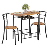 VECELO 3-Piece Dining Table Set for Kitchen Breakfast Nook, Wood Grain Oval Tabletop and Metal Frame with Built-in Wine Rack, for Small Spaces, Antique Brown & Black VECELO
