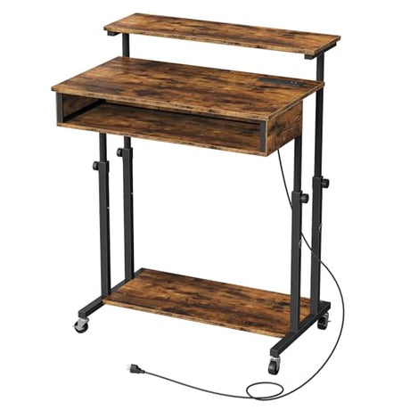 CHOEZON Computer Desk, Standing Desk on Wheels, Rolling Desk with Charging Station, Height-Adjustable Laptop Desk, for Living Room, Home Office, Rustic Brown and Black TDN08UBF CHOEZON