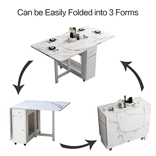 FUNROLUX Folding Dining Table with Rack and 2 Storage Drawers, Movable Extendable Space Saving Kitchen Table in 3 Forms (White) - WoodArtSupply