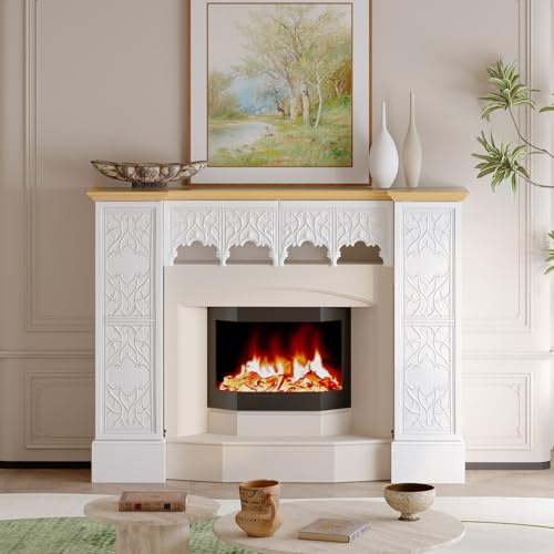 Timechee White Freestanding Electric Fireplaces Mantel Stand, Wooden Decorative Mantel Storage Cabinet with Doors and Shelves,Drawers, Fireplace Decor Entertainment Center with Storage for Living Room Timechee