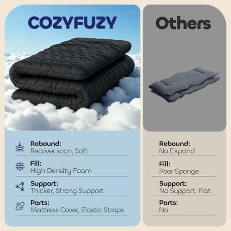 COZYFUZY Japanese Floor Mattress Futon - 3.5" Extra Firm Foldable Tatami Mat, 5-Layer Support with High-Density Foam Portable Floor Bed for Guest, Dorm, Kids Room & Camping Black Twin COZYFUZY