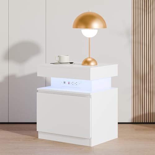 Cozy Castle LED Nightstand, LED Night Stand with Charging Station,Storage and Flip Top, Small End Side Table for Bedroom, Living Room (1, White) Cozy Castle