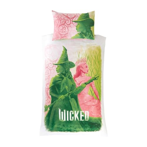 dreamtex Wicked Glenda & Elphaba Reversible 2 in 1 Design Single Duvet Cover and Pillowcase Set - Polycotton Material -Washable Perfect for Children, Kids, Girls in a Pink and Green Colorway dreamtex
