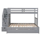 Twin over Full Bunk Bed with Trundle for 2 Kids, Wood Twin over Full Size Bunk Bed with Storage Cabinet and Drawers, Convertible Bunk Beds Split into 3 Beds for Teens, Adults, Noise-reduced, Gray Harper & Bright Designs
