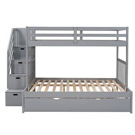 Twin over Full Bunk Bed with Trundle for 2 Kids, Wood Twin over Full Size Bunk Bed with Storage Cabinet and Drawers, Convertible Bunk Beds Split into 3 Beds for Teens, Adults, Noise-reduced, Gray Harper & Bright Designs