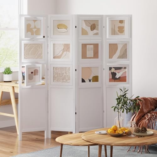 4 Panel Photo Room Divider Freestanding Folding Privacy Screen and Decorative with 16 Frames for Home Office (White) Svimi