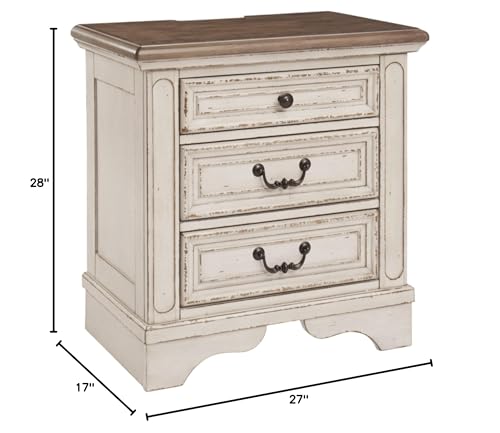 Signature Design by Ashley Realyn French Country 3 Drawer Nightstand with Electrical Outlets & USB Ports, Chipped White - WoodArtSupply