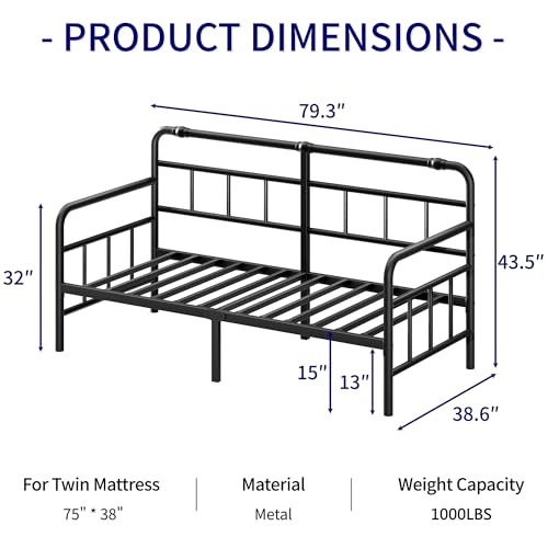 Sementa 14 Inch Daybed-Frame, Twin-Daybed with Classic-Headboard - Heavy Duty Steel Slats,Metal Sofa Bed Frame for Living Room Bedroom Guest Room, Easy Assembly(Black) Sementa