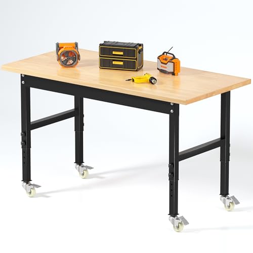 BETISEF 48’’ Work Bench Adjustable Workbench Heavy Duty Work Table with Wheels, 2000 Lbs Capacity Hardwood Work Benches for Garage, Workshop, Office, Home - WoodArtSupply