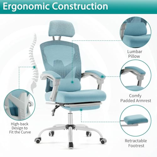 Simple Deluxe Home Office Desk Chair with Footrest, High-Back Mesh Rolling Swivel Reclining Chairs with Wheels, Comfortable Headrest, Lumbar Support, Comfy Arms Simple Deluxe