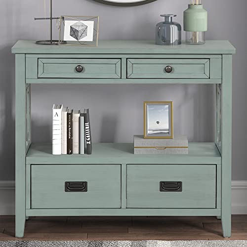 Knocbel Farmhouse Entry Console Table with 2 Storage Drawers 2 Cabinets and Open Shelf, Entryway Hallway Living Room Kitchen Sofa Table, 36.02" W x 12.99" D x 31.5" H, Retro Blue Knocbel