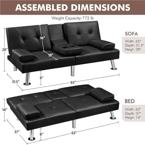 Yaheetech Convertible Sofa Bed Adjustable Couch Sleeper Modern Faux Leather Recliner Reversible Loveseat Folding Daybed Guest Bed, Removable Armrests, Cup Holders, 3 Angles, 772lb Capacity, B - WoodArtSupply