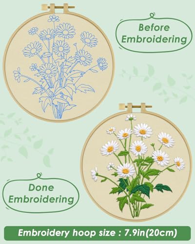 ERKOON Embroidery Kit for Beginners, Flower Cross Stitch Set Include Embroidery Cloth Hoops Threads for Craft Lover Hand Stitch with Embroidery Skill Techniques (Daisy) ERKOON