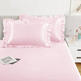 Homiest 2-Pieces Ruffle Pillow Case & Satin Fitted Sheet Set, Blush Pink Twin Satin Sheets with Ruffled Pillow Shams, 15 Inch Deep Pocket, Cute & Coquette Silk-Like Bed Set for Decorating Bedroom Homiest