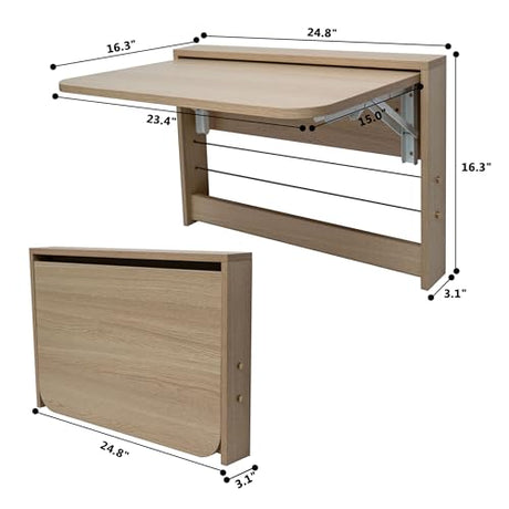 SKVSKV Folding Wall Table, Fold Down Table Wall Mounted, Floating Desk for Wall, Functional Hanging Desk for Home Office Workstation, Laundry Room, Kitchen Dining (24.8 * 16.3inch, Wood Color) SKVSKV