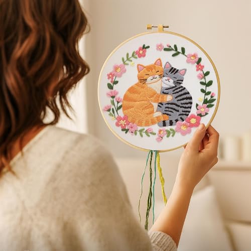 Nuberlic Cat Embroidery Kit for Beginners, DIY Cross Stitch Starter Kit Including Cloth with Pattern, Embroidery Hoop, Needles Instructions and Threads for Adults