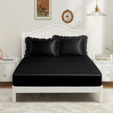 P Pothuiny 3-Piece Set Ruffle Satin Pillowcases & Queen Fitted Sheet, Luxury Black Satin Fitted Sheet Silky Soft Cute Bedding Bedroom Decor, Wrinkle Free, 15 Inch Deep Pocket P Pothuiny