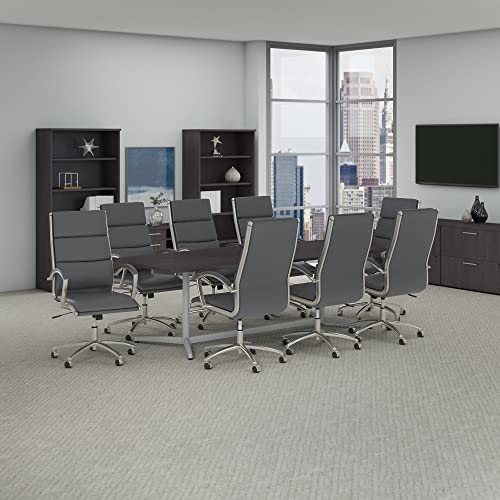 Bush Business Furniture 96W x 42D Boat Shaped Conference Table with Metal Base and Set of 8 High Back Office Chairs in Storm Gray Bush Furniture