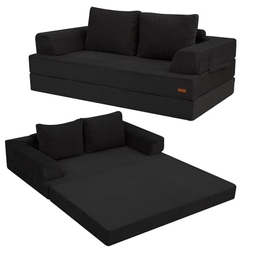 COMAX Futon Sofa Bed, Convertible Folding Sofa Bed, Boneless Couch Loveseat Corduroy with Pillows, Small Foldable Floor Couch Comfy Lounge Sleeper for Living Room Bedroom, Black COMAX