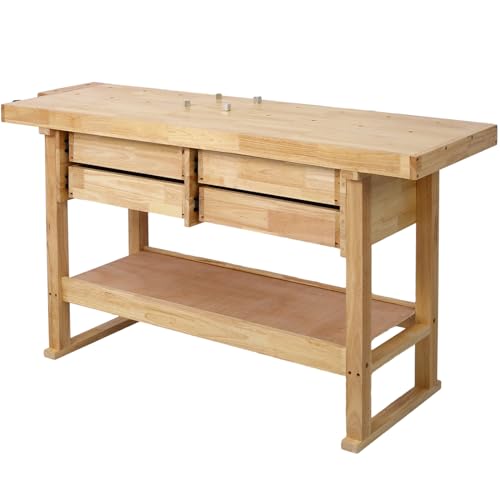 60" Solid Wood Workbench with 4 Drawers and Lower Shelf, Durable Rubberwood Wooden Workbench for Garage, Woodworking Carpenter Workshop and Home Natural Finish 330 lbs Capacity - WoodArtSupply