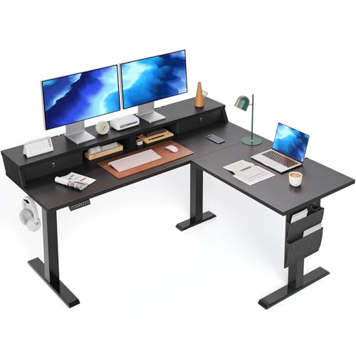 ErGear L Shaped Electric Standing Desk, 63" Ergonomic Corner Height Adjustable Desk with Drawers, Sit Stand Computer Table with Storage for Work Office Home, Black ErGear