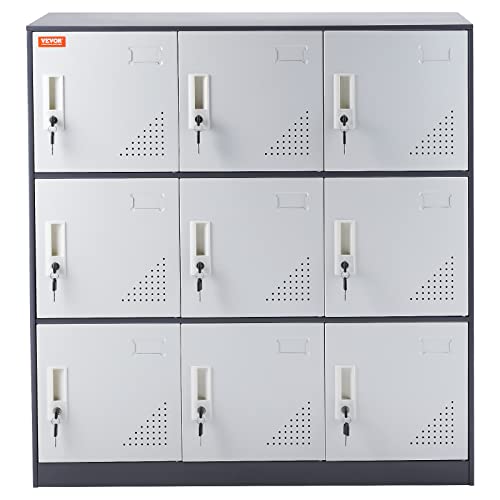 VEVOR Metal Locker for Employees, 9 Doors Storage Cabinet with Card Slot, Gray Steel Employee Lockers with Keys, 66lbs Loading Capacity Office Storage Lockers for Office, Home, School, Gym - WoodArtSupply