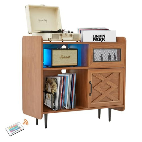 Citybay Vinyl Record Player Stand with Charging Station & RGB Lights,Holds up to 350 Albums, Solid Wood Cabinet with Metal Legs for Turntable, Living Room Citybay