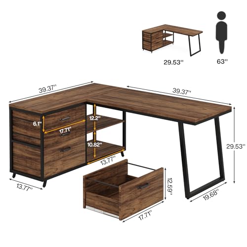 LITTLE TREE Reversible 53-inch L Shaped Desk with 3 Drawer, Farmhouse Corner Desk Gaming Table with Shelves and File Cabinet for Letter Size & Legal Size File for Home Office and Small Space - WoodArtSupply