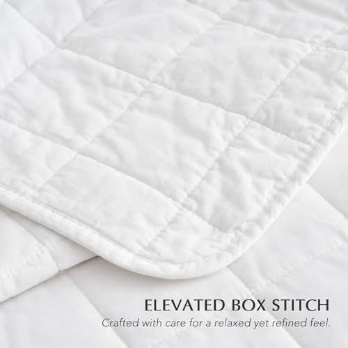 EVERGRACEHOME 100% Cotton Box Stitch Quilt Bedding Set King Size 3 Pieces, Garment-Washed Lightweight Soft Cozy Coverlet, Oversized Quilted Bedspread Sets with 2 Shams for All Season, Bright White EVERGRACEHOME