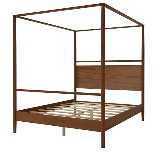 Solid Wood Canopy Platform Bed Queen Size,Mid-Century Modern Four Posters Platform Bed Frame with Full-Length Slide Rails & Headboard,Under-Bed Space,No Box Spring Needed,Walnut