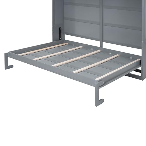 Merax Modern Murphy Cabinet Bed with Top Cabinets, Solid Wood Wall Platform Bed/No Box Spring Needed/Easy Assemble Full,Gray Merax