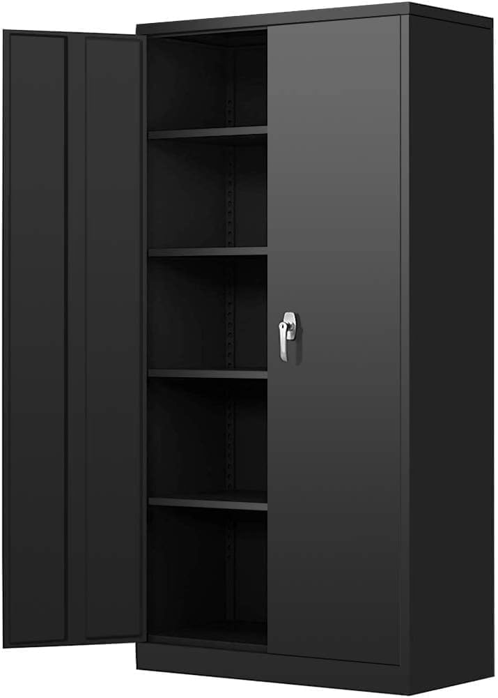 Metal Garage Storage Cabinet - 72" Locking Metal Cabinet with 2 Doors and Adjustable Shelves & Locking Doors for Tool Storage - Black GPCRAC