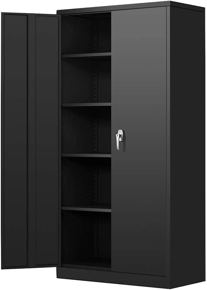 Metal Garage Storage Cabinet - 72" Locking Metal Cabinet with 2 Doors and Adjustable Shelves & Locking Doors for Tool Storage - Black - WoodArtSupply