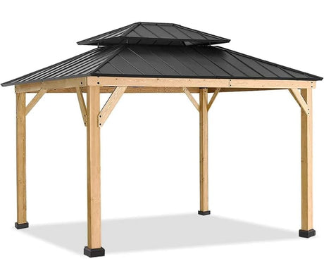 Warmally 11' x 13' Solid Wood Gazebo, Outdoor Cedar Framed Gazebo, Pavilion with Black Steel Hardtop for Patio, Deck, Garden, Backyard, Lawn Warmally