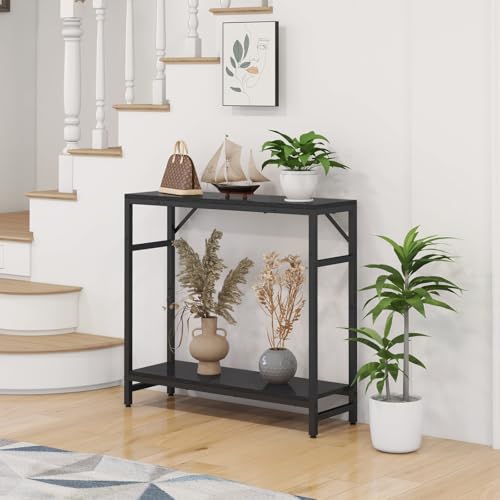 Livofloral Narrow Console Table for Entryway - 2 Tier, 29.5” Entryway Table with Shelf, Industrial Thin Sofa Table with 2 Support Bar, Display Tables for Living Room, Bedroom, Foyer, Black Livofloral