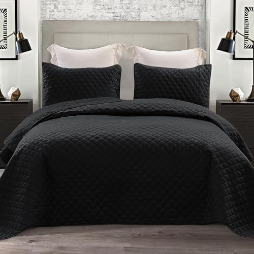 Exclusivo Mezcla Reversible Twin Quilt Bedding Set with Pillow Sham, Lightweight Quilts Twin Size, Soft Bedspreads Bed Coverlets for All Seasons - (Black, 68"x88") Exclusivo Mezcla