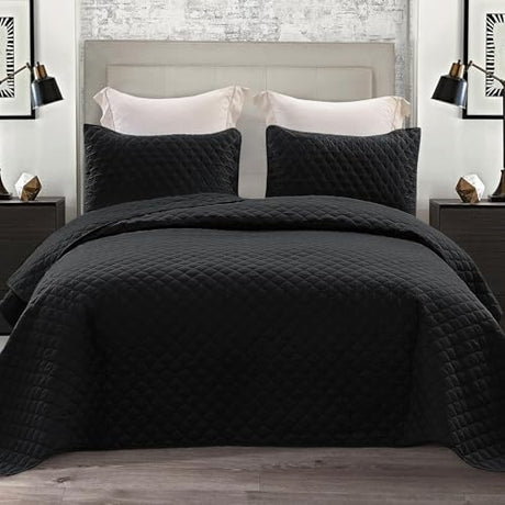 Exclusivo Mezcla Reversible Twin Quilt Bedding Set with Pillow Sham, Lightweight Quilts Twin Size, Soft Bedspreads Bed Coverlets for All Seasons - (Black, 68"x88") Exclusivo Mezcla