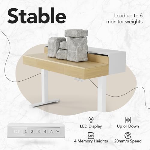 HUANUO Standing Desk with Drawers, 48 Inches Electric Height Adjustable Desk with Storage, Whole-Piece Board Sit Stand Up Desk with Monitor Shelf, Light Walnut HUANUO