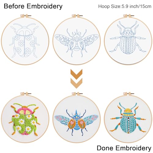 Louise Maelys 3 Sets Beetle Embroidery Kits for Beginners,Cross Stitch Kit for Adults,DIY Needlepoint for Starters Including Flowers Pattern, Hoop,Instruction and Threads