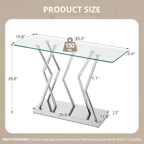 BECHAEO Tempered Glass Console Table for Entryway, 43.3" Modern Console Table with Chromed Legs, Silver Sofa Table for Living Room Hallway Entryway BECHAEO