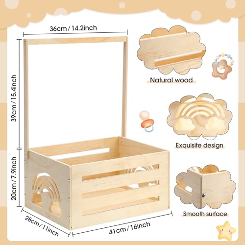 Yerliker Wooden Baby Shower Crate Closet Baby Shower Gifts Basket Baby Storage Crate Hamper with Handle Personalized Basket for Newborn Boys Girls Pregnancy Gifts(Wood Color, Cloudy, Rainbow) Yerliker