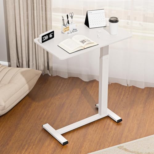 Ywin Medical Adjustable Overbed Bedside Table with Wheels, Rolling Standing Desk, Pneumatic Small Side Bed Table with Tray for Couch, Hospital, Home,Office Use (White) Ywin
