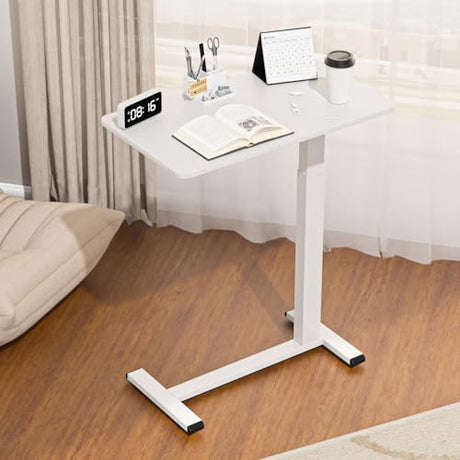 Ywin Medical Adjustable Overbed Bedside Table with Wheels, Rolling Standing Desk, Pneumatic Small Side Bed Table with Tray for Couch, Hospital, Home,Office Use (White) Ywin