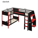 Gaming Triple Bunk Bed with Desk & LED Light & Storage Shelves,Wooden Twin Size L-Shaped Bunk Bed Frame with 3 Beds,Safety Guardrails & Ladders for Gamers Teens Adults,Wood Slat Support,Black Red FUvellamo