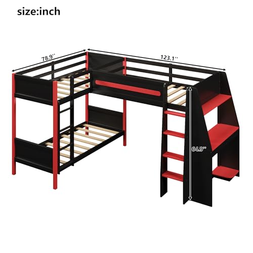 Merax L-Shaped Twin Size Triple Bunk Bed for 3 People, Wood Gaming Loft Bed with Built-in Desk, Shelves, Lights and Full-Length Guardrails, Black+Red Merax