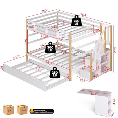 Wooden Full Over Full Bunk Bed with Trundle, Storage Stairs & Convertible Fold-Out Desk, Durable Solid Wood Frame, No Box Spring Required, Ideal for Kids, Teens & Adults (White + Natural Wood, Full) smilesun