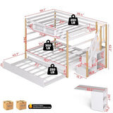 Wooden Full Over Full Bunk Bed with Trundle, Storage Stairs & Convertible Fold-Out Desk, Durable Solid Wood Frame, No Box Spring Required, Ideal for Kids, Teens & Adults (White + Natural Wood, Full) smilesun