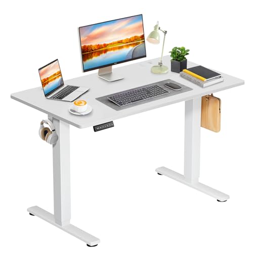 DUMOS Electric Standing Desk 39.4 x 23.6 Inch, Height Adjustable Sit Stand Desk with LED Display, Memory Presets, Hooks & Cable Holes, Ergonomic Workstation for Home Office, White DUMOS