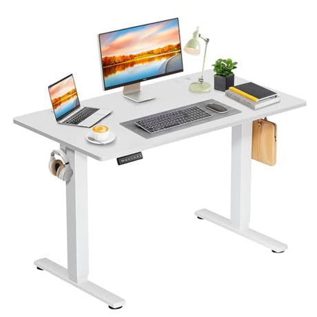 DUMOS Electric Standing Desk 39.4 x 23.6 Inch, Height Adjustable Sit Stand Desk with LED Display, Memory Presets, Hooks & Cable Holes, Ergonomic Workstation for Home Office, White DUMOS